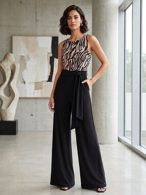 bebe Black Wide-Leg Jumpsuit with Beige Zebra-Print Top